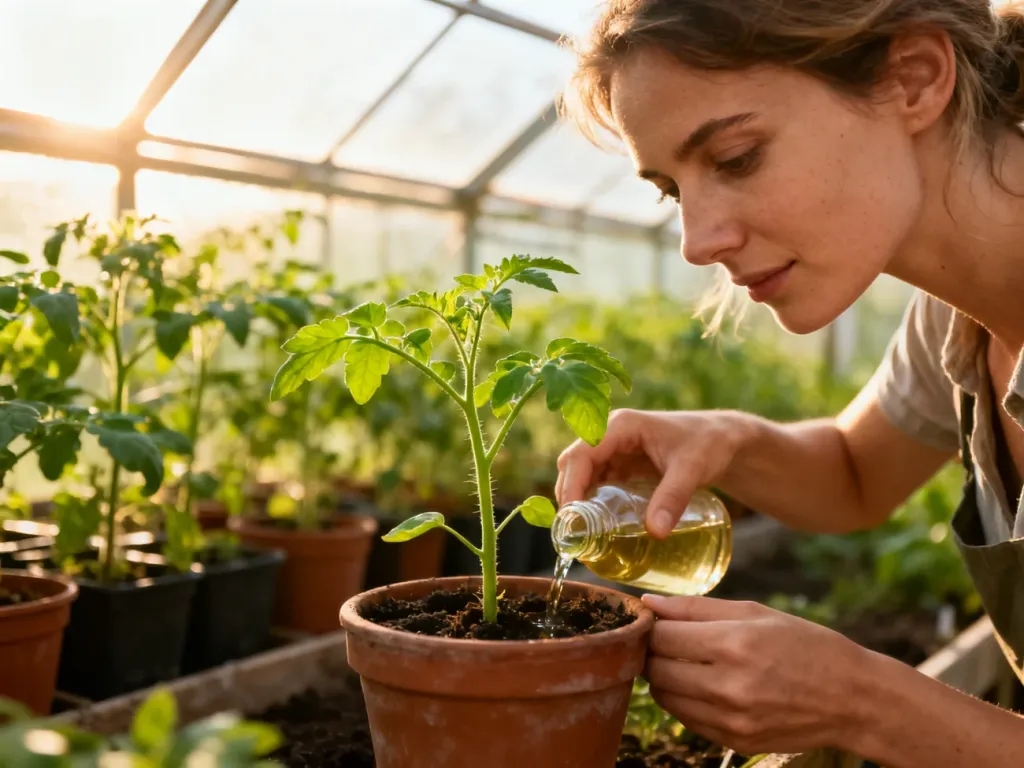 Kobieta w szklarni podlewa młodą sadzonkę pomidora płynnym nawozem organicznym.