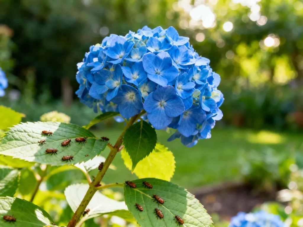 Niebieskie kwiaty hortensji z widocznymi na łodygach brązowymi szkodnikami – czerwcami.