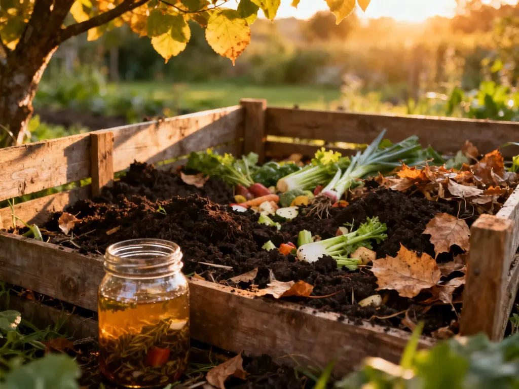 Drewniany kompostownik z resztkami organicznymi oraz słoik z naturalnym preparatem do przyspieszania kompostowania w ogrodzie.