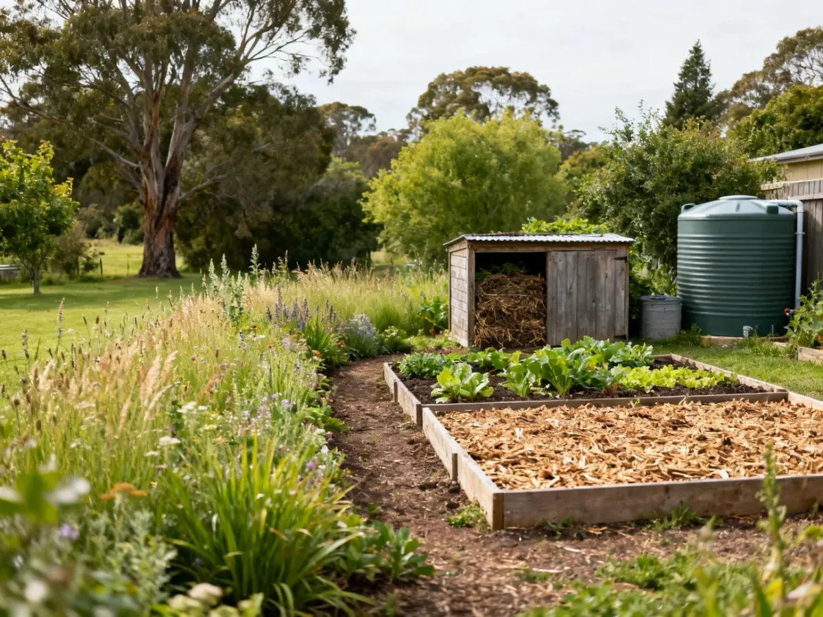 Garden combining natural landscaping with permaculture elements