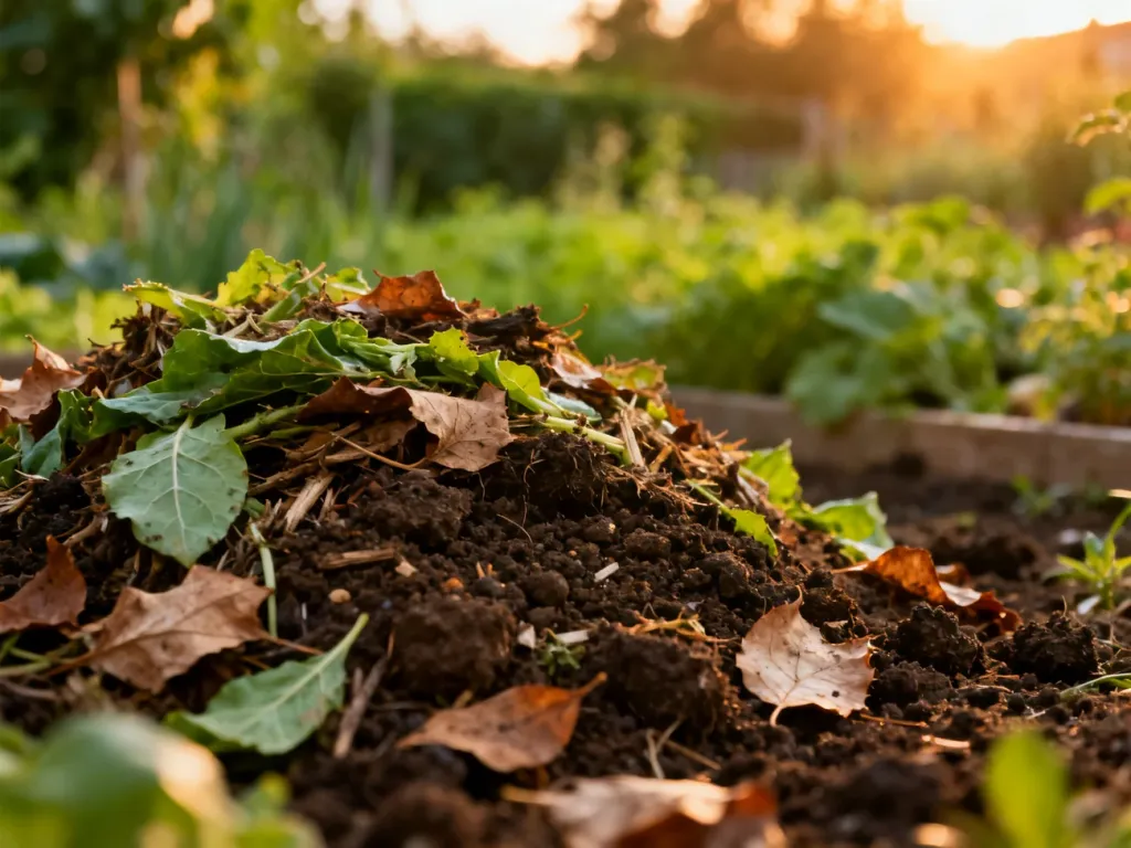 Zbliżenie na warstwy pryzmy kompostowej z odpadami organicznymi, suchymi liśćmi i ziemią w przydomowym ogrodzie.