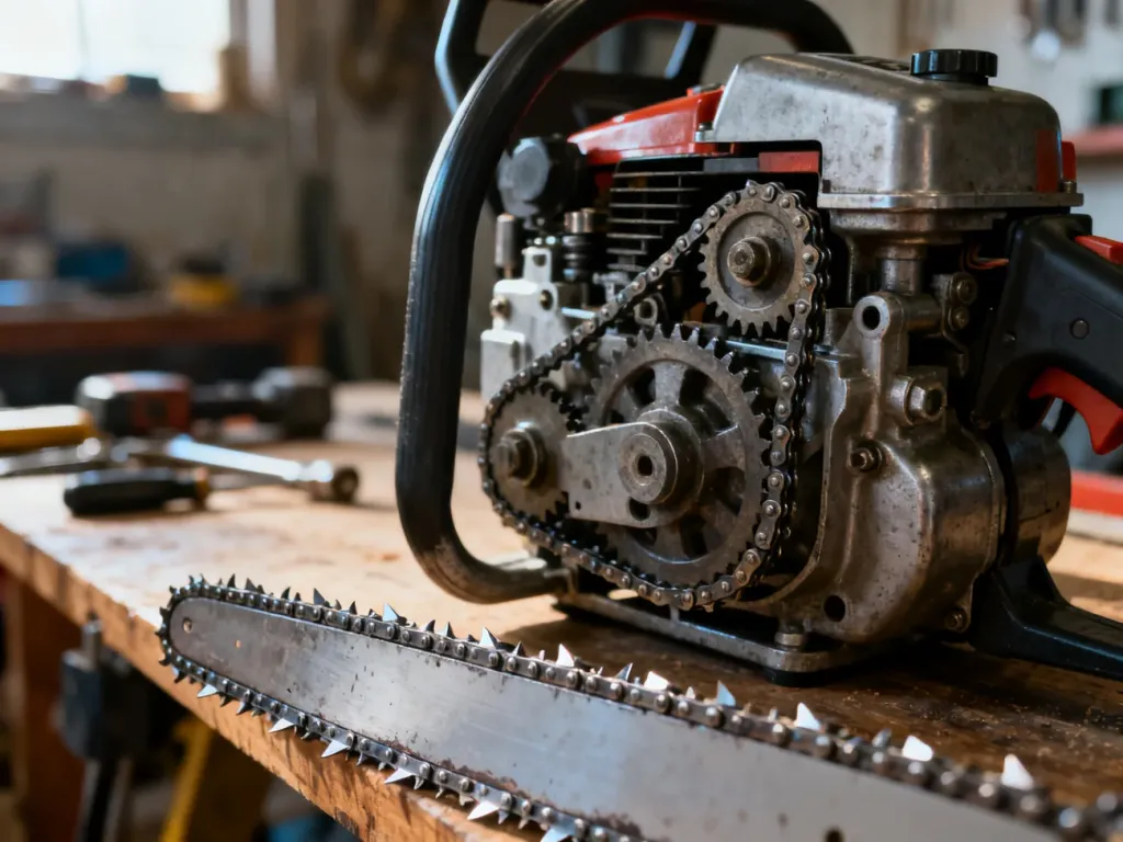 Zbliżenie na silnik, mechanizm napędowy i ostre zęby łańcucha pilarki spalinowej w warsztacie.