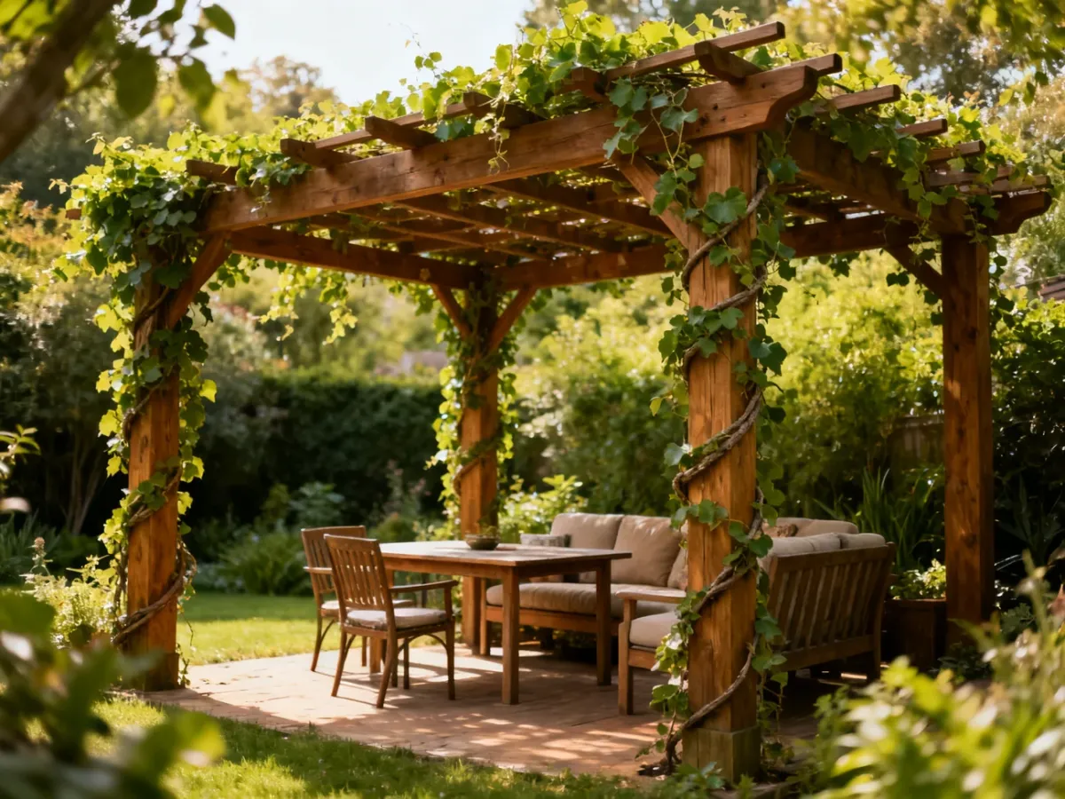 Pergola z pnączami i meblami tworząca zacienioną strefę wypoczynku