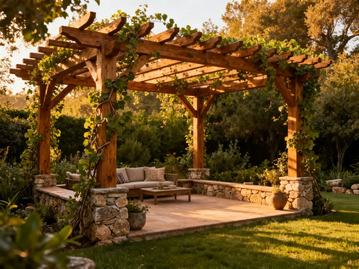 Drewniana pergola wśród roślinności i naturalnych elementów ogrodu