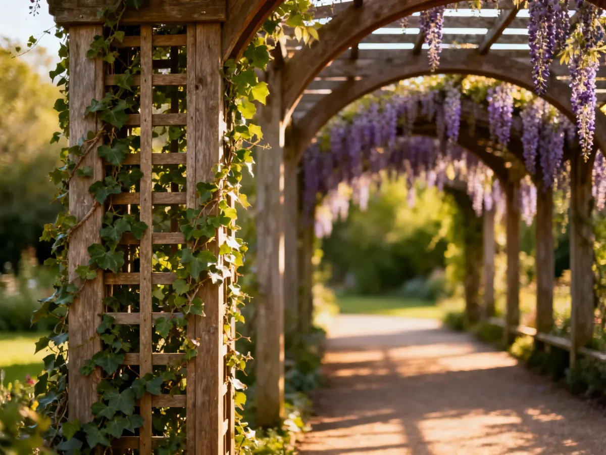 Drewniany trejaż z bluszczem na pierwszym planie oraz zadaszona pergola z wisterią w tle w słonecznym ogrodzie.