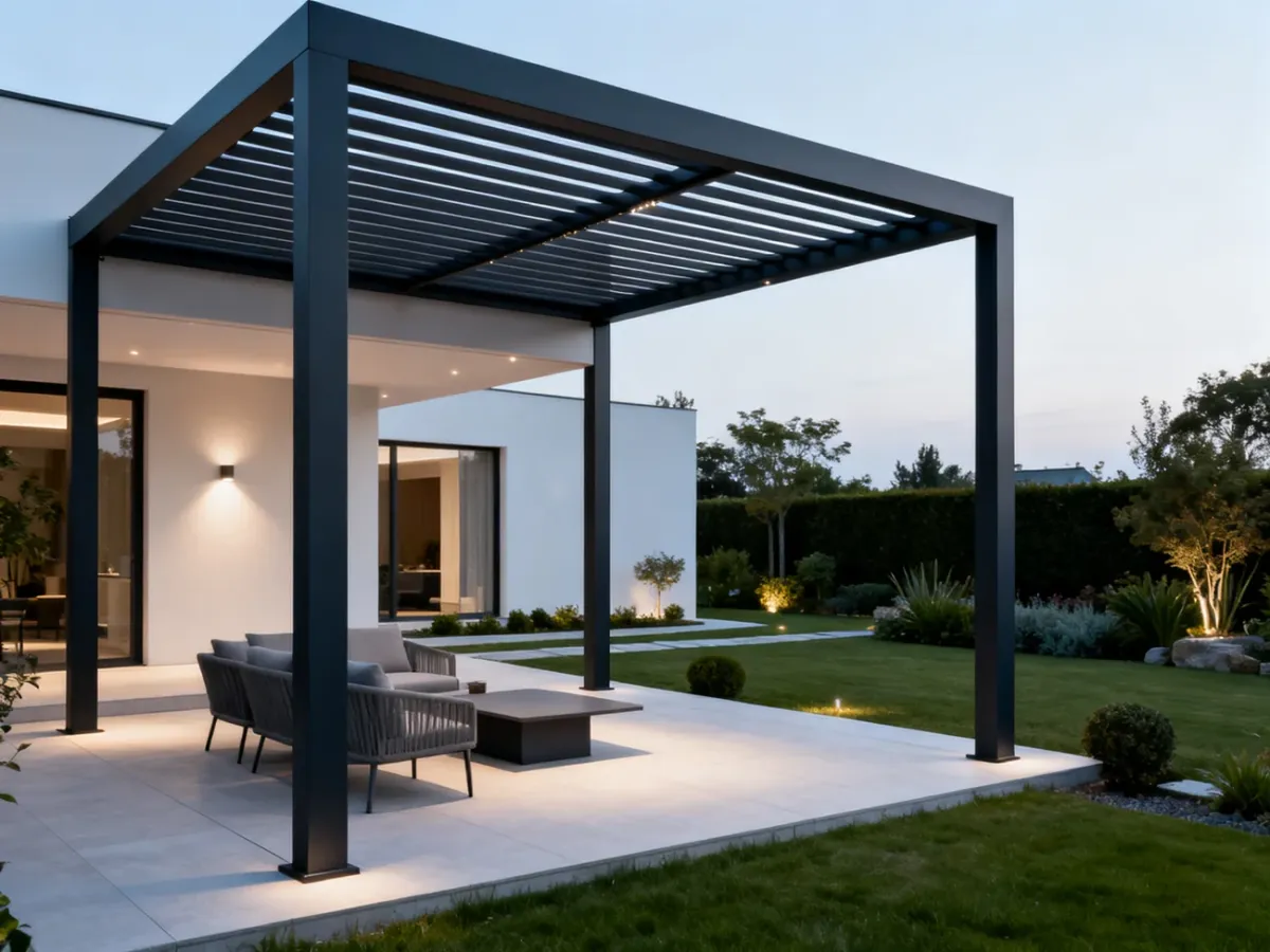Nowoczesna aluminiowa pergola na minimalistycznym tarasie