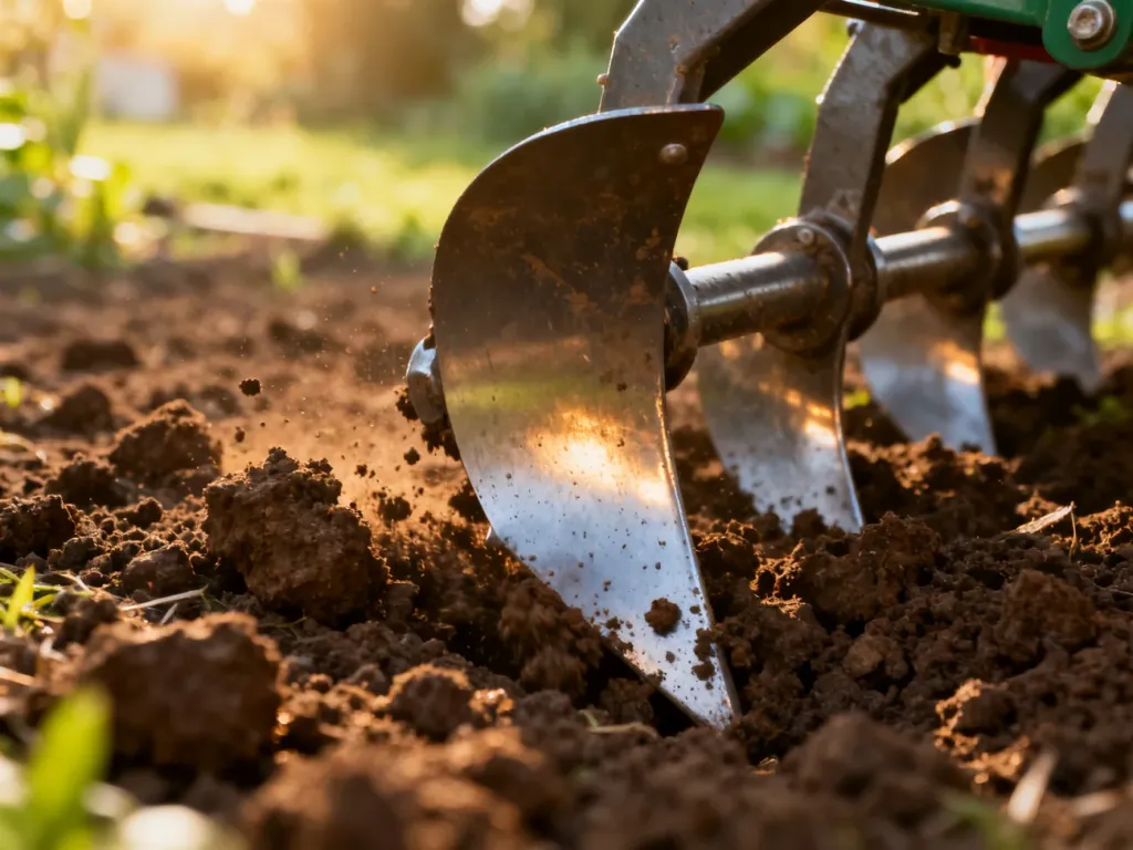 Metalowe ostrza glebogryzarki obracające się w żyznej ziemi podczas pracy w ogrodzie.